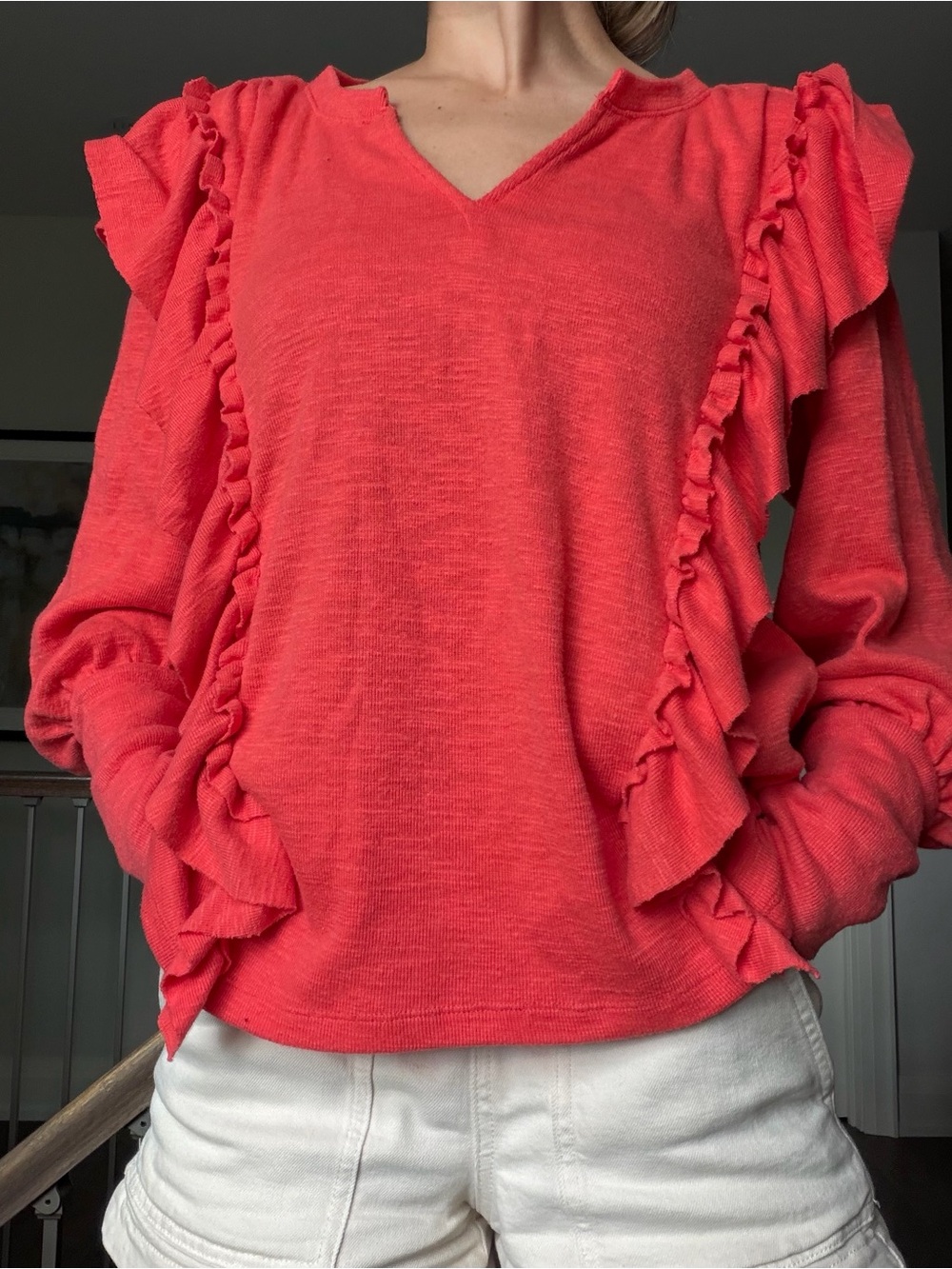 Pilcro Coral Pink Ruffle V-Neck Sweater
